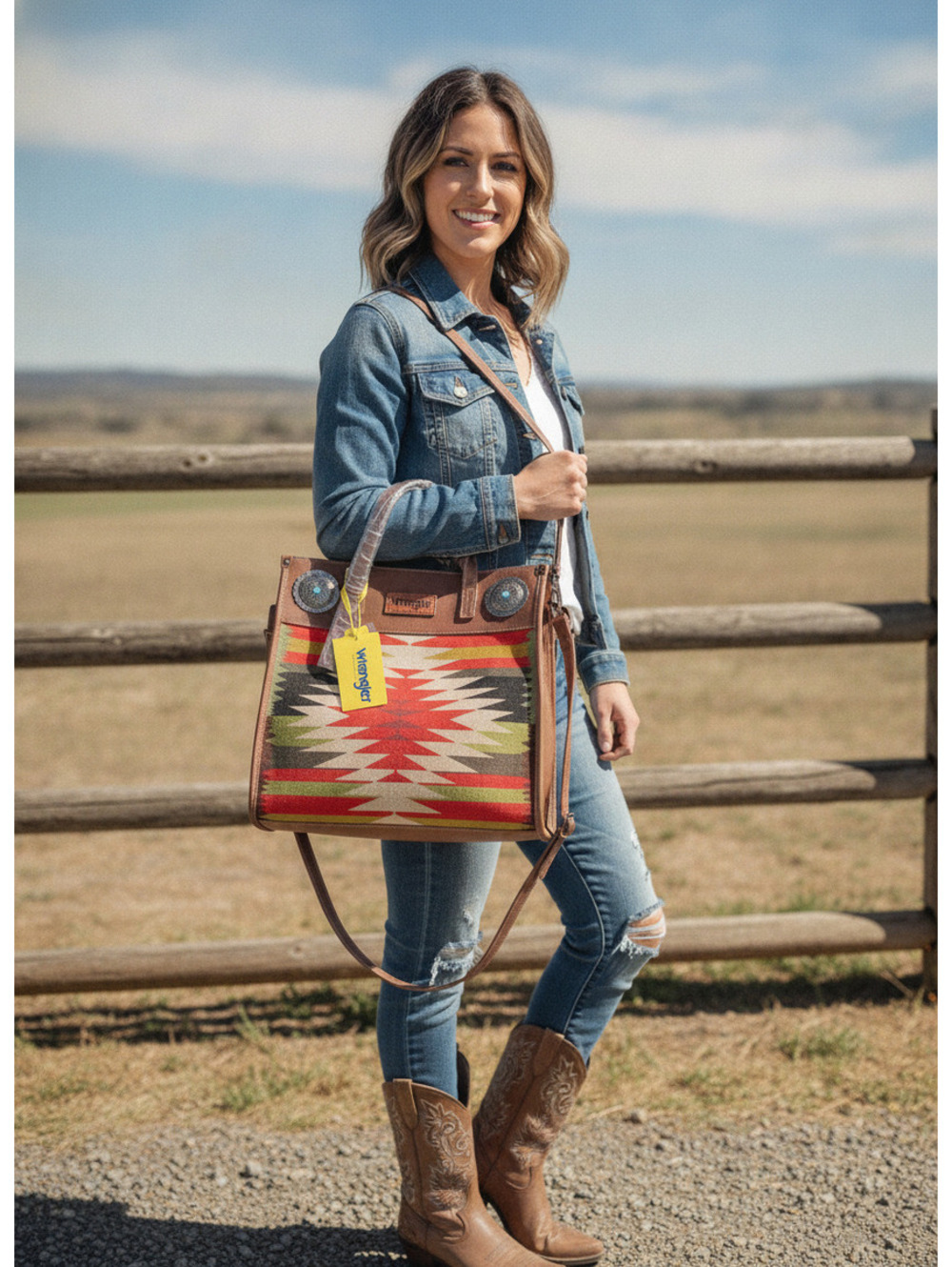 Wrangler Southwestern Pattern Tote Bag with Leather Accents NWT